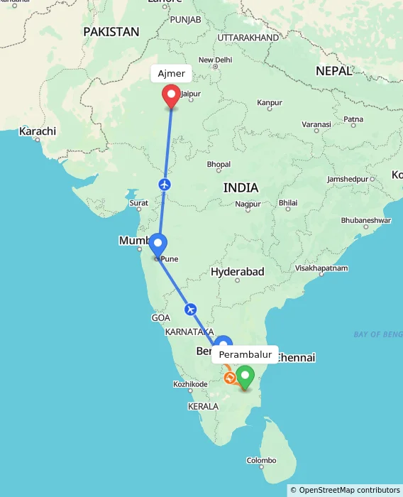 Route map showing distance and travel time from Perambalur, India to Ajmer, India