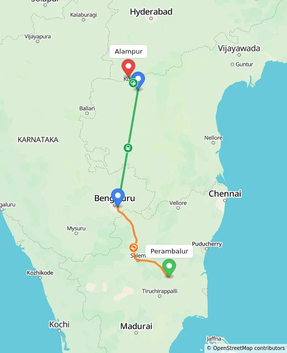 Route map showing distance and travel time from Perambalur, India to Alampur, India