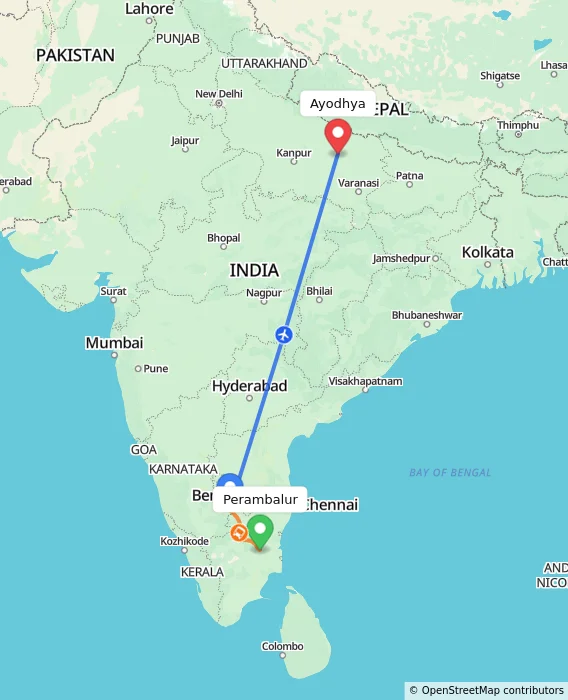 Route map showing distance and travel time from Perambalur, India to Ayodhya, India