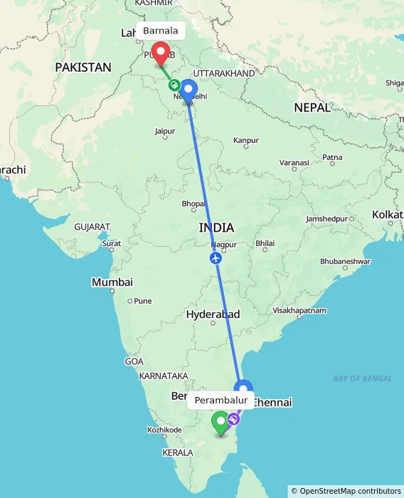 Route map showing distance and travel time from Perambalur, India to Barnala, India