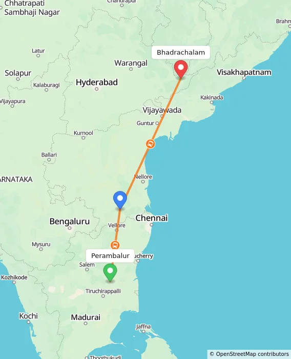 Route map showing distance and travel time from Perambalur, India to Bhadrachalam, India