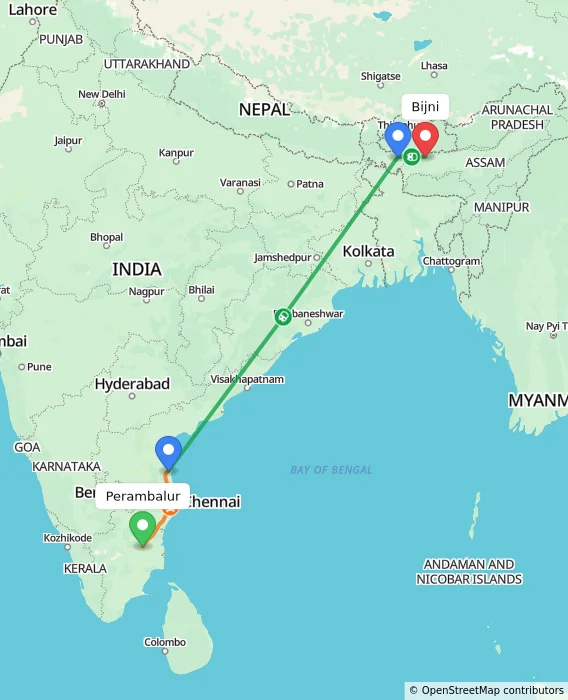Route map showing distance and travel time from Perambalur, India to Bijni, India
