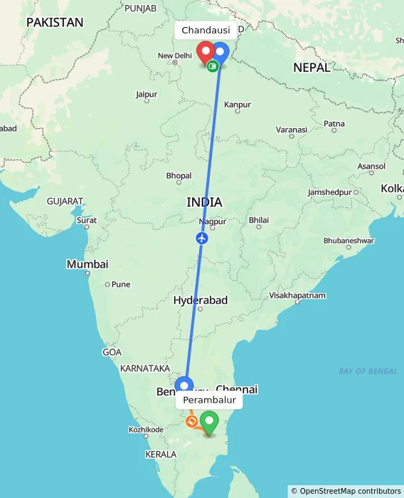 Route map showing distance and travel time from Perambalur, India to Chandausi, India