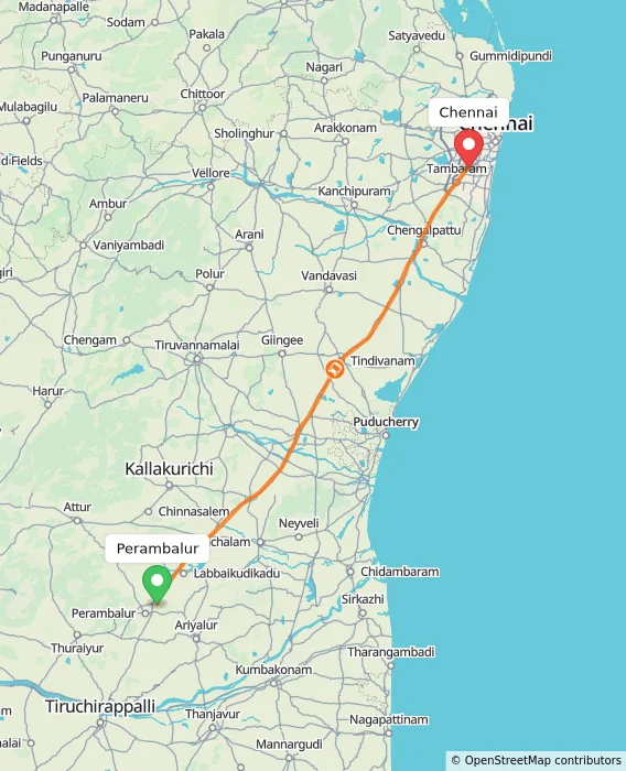 Route map showing distance and travel time from Perambalur, India to Chennai, India