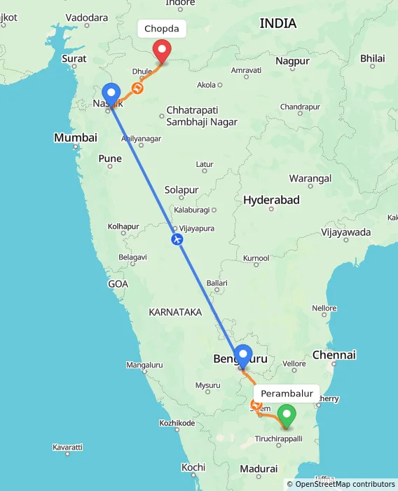 Route map showing distance and travel time from Perambalur, India to Chopda, India