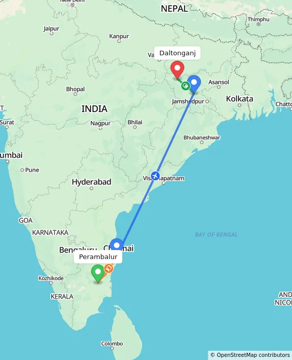 Route map showing distance and travel time from Perambalur, India to Daltonganj, India