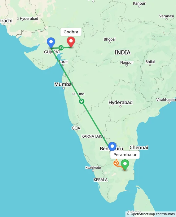 Route map showing distance and travel time from Perambalur, India to Godhra, India