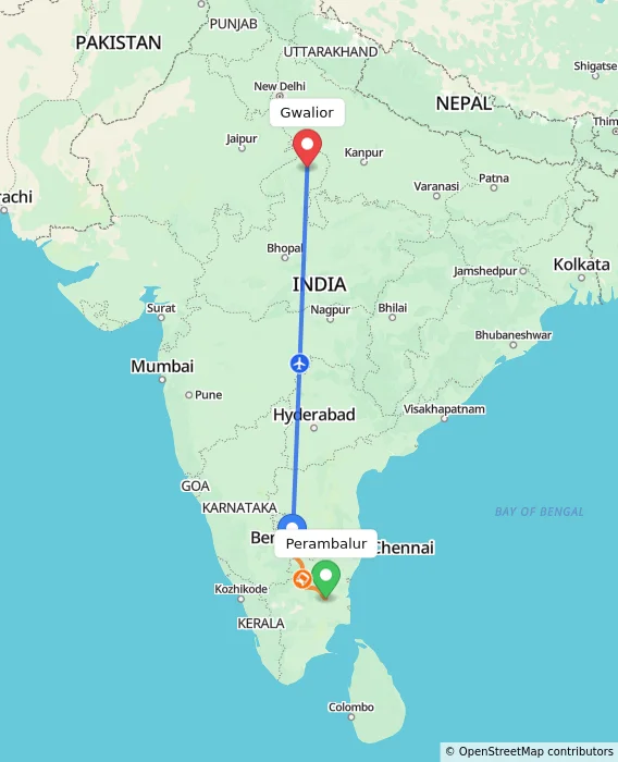 Route map showing distance and travel time from Perambalur, India to Gwalior, India