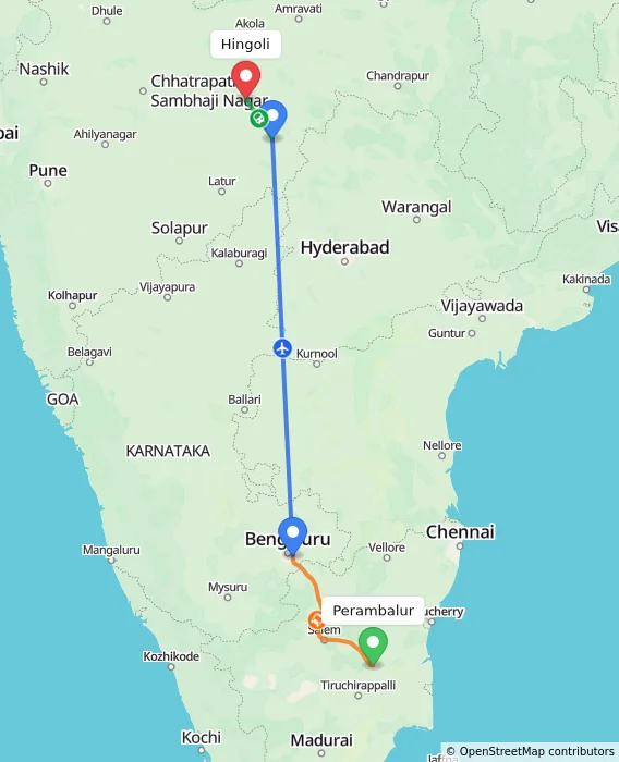 Route map showing distance and travel time from Perambalur, India to Hingoli, India