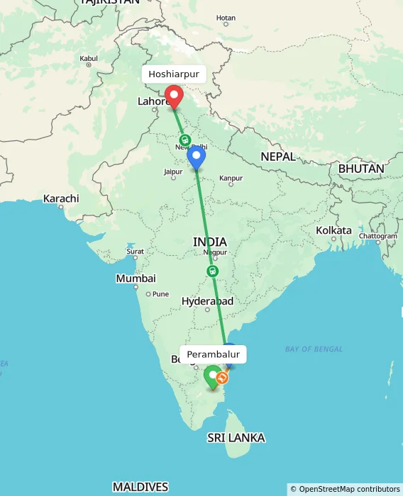 Route map showing distance and travel time from Perambalur, India to Hoshiarpur, India