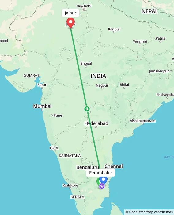 Route map showing distance and travel time from Perambalur, India to Jaipur, India