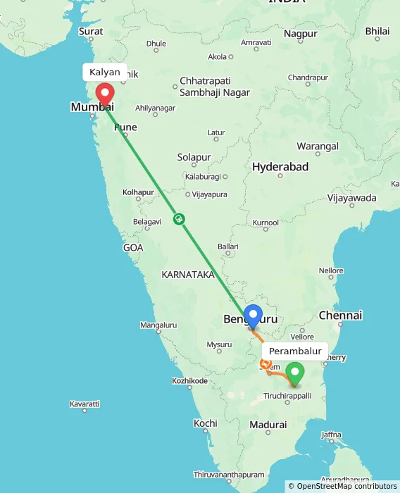Route map showing distance and travel time from Perambalur, India to Kalyan, India