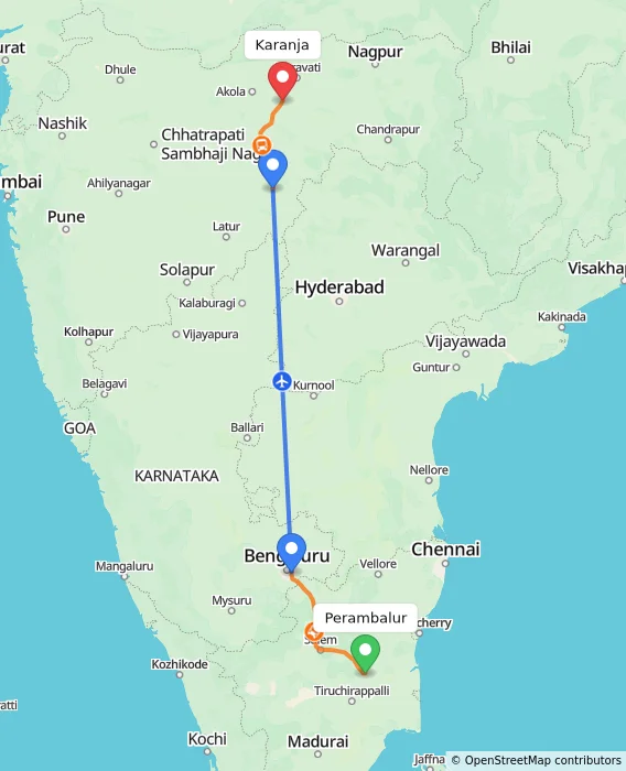 Route map showing distance and travel time from Perambalur, India to Karanja, India
