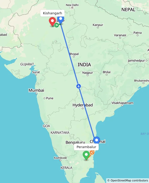 Route map showing distance and travel time from Perambalur, India to Kishangarh, India