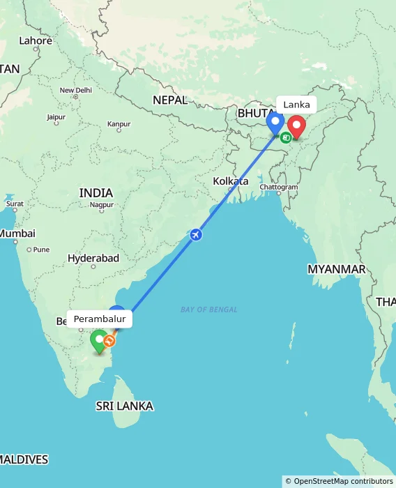 Route map showing distance and travel time from Perambalur, India to Lanka, India