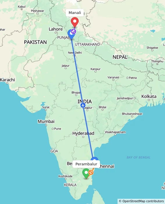 Route map showing distance and travel time from Perambalur, India to Manali, India