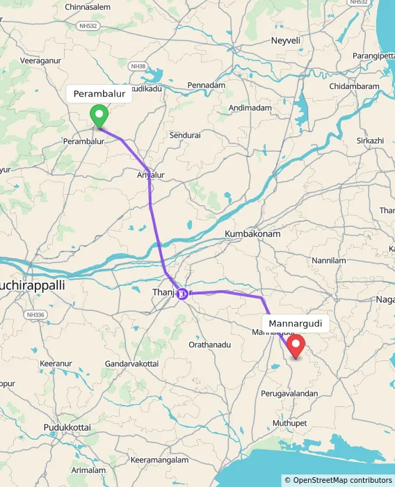 Route map showing distance and travel time from Perambalur, India to Mannargudi, India