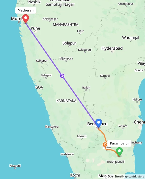 Route map showing distance and travel time from Perambalur, India to Matheran, India