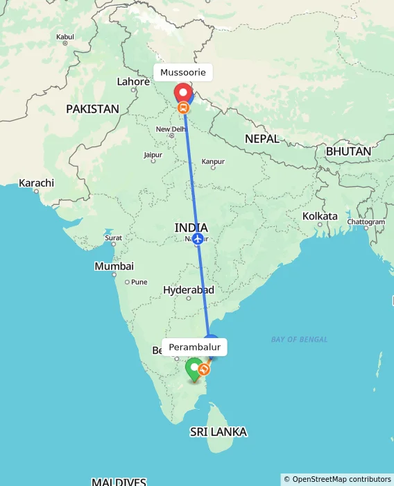 Route map showing distance and travel time from Perambalur, India to Mussoorie, India