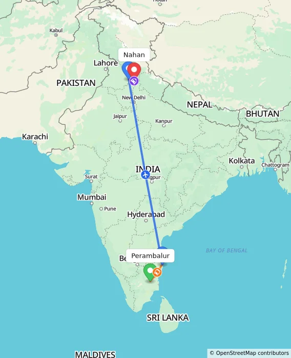 Route map showing distance and travel time from Perambalur, India to Nahan, India