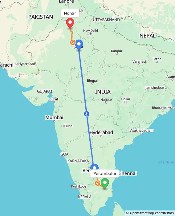 Route map showing distance and travel time from Perambalur, India to Nohar, India