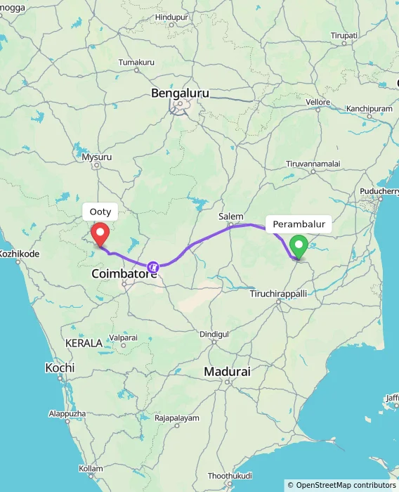 Route map showing distance and travel time from Perambalur, India to Ooty, India