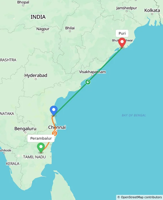 Route map showing distance and travel time from Perambalur, India to Puri, India