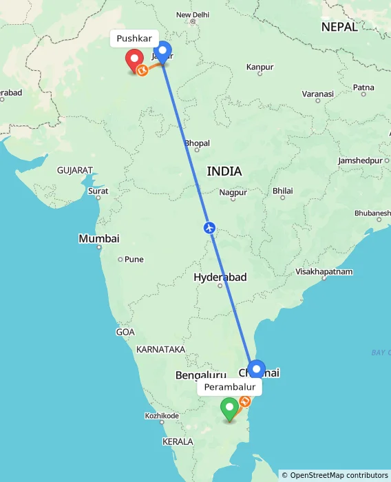 Route map showing distance and travel time from Perambalur, India to Pushkar, India