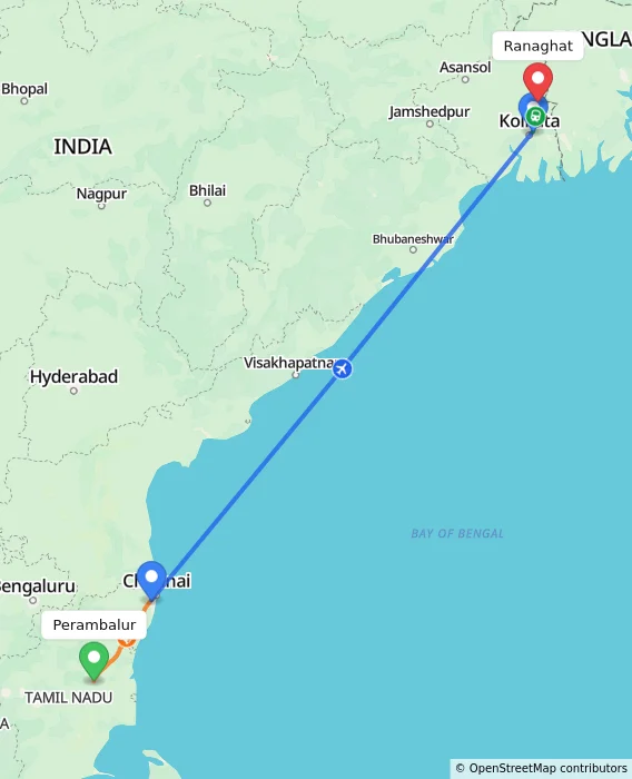 Route map showing distance and travel time from Perambalur, India to Ranaghat, India