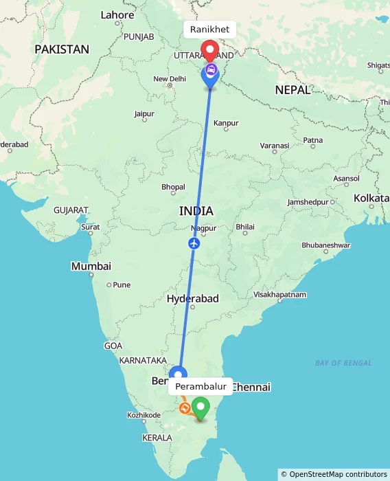 Route map showing distance and travel time from Perambalur, India to Ranikhet, India