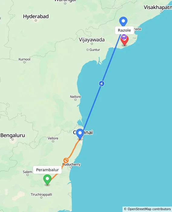 Route map showing distance and travel time from Perambalur, India to Razole, India