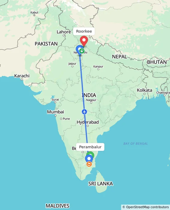 Route map showing distance and travel time from Perambalur, India to Roorkee, India