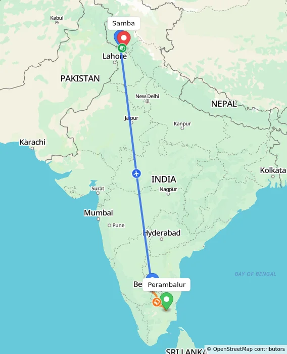 Route map showing distance and travel time from Perambalur, India to Samba, India