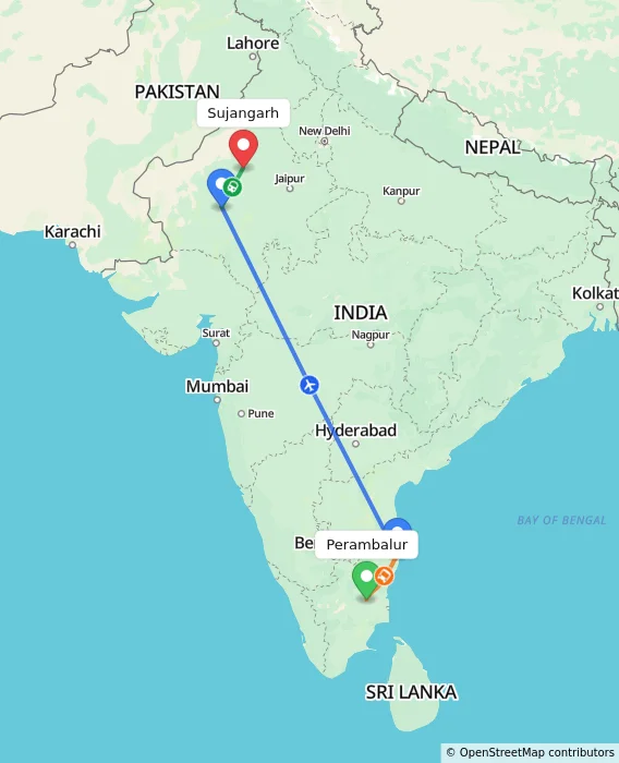 Route map showing distance and travel time from Perambalur, India to Sujangarh, India
