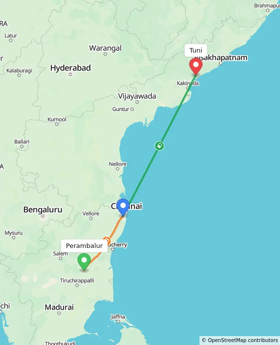 Route map showing distance and travel time from Perambalur, India to Tuni, India