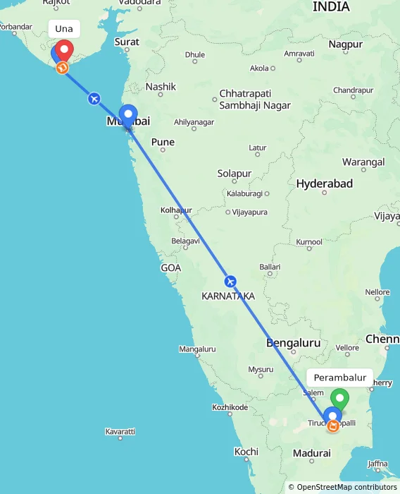 Route map showing distance and travel time from Perambalur, India to Una, India