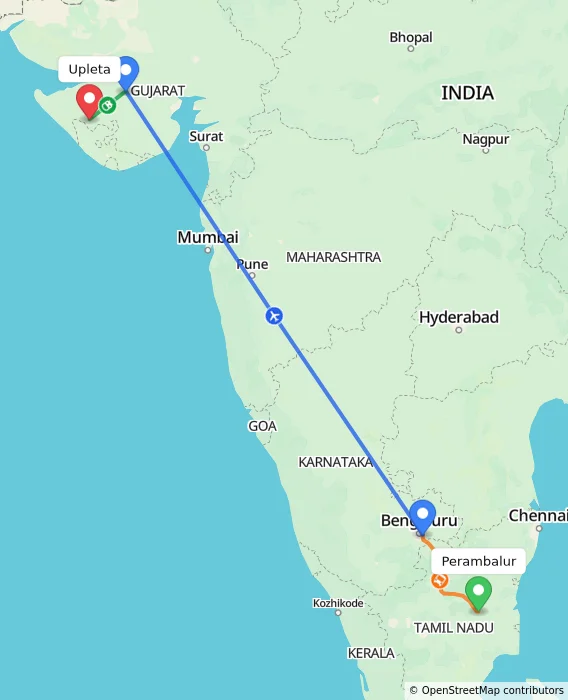 Route map showing distance and travel time from Perambalur, India to Upleta, India