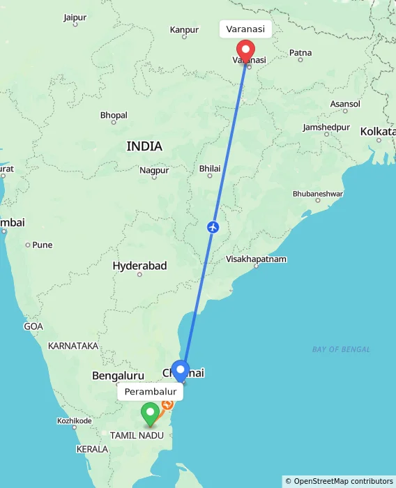 Route map showing distance and travel time from Perambalur, India to Varanasi, India