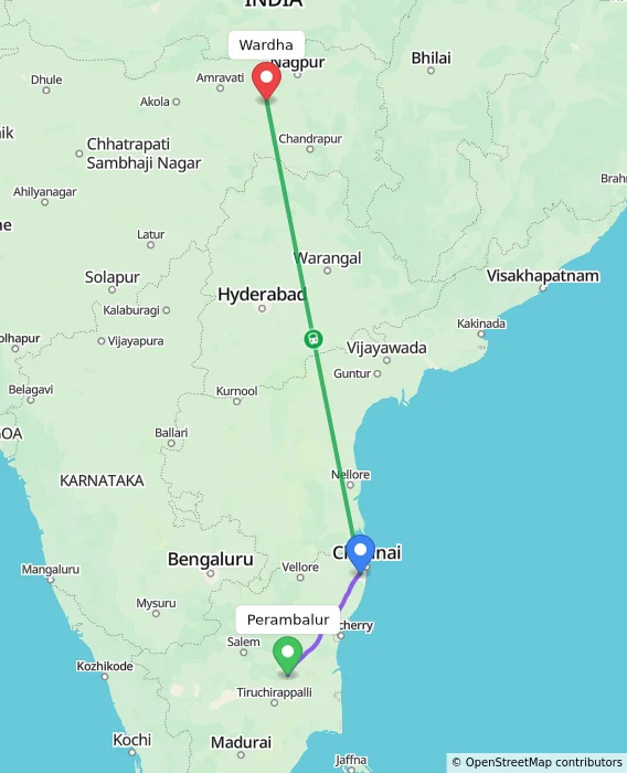 Route map showing distance and travel time from Perambalur, India to Wardha, India