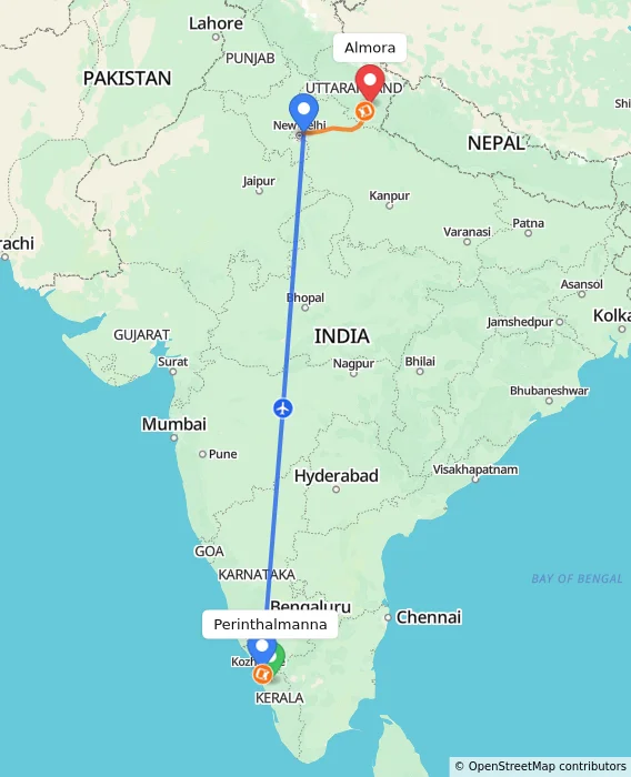 Route map showing distance and travel time from Perinthalmanna, India to Almora, India