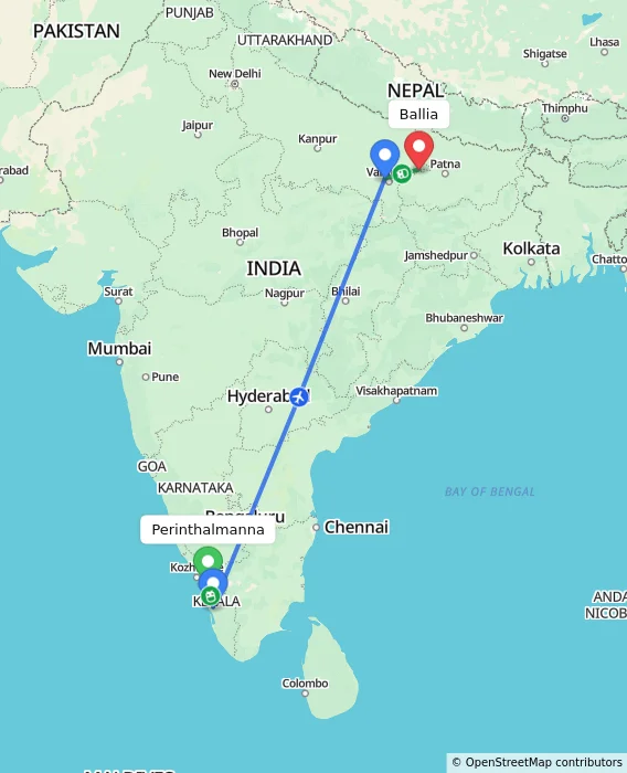 Route map showing distance and travel time from Perinthalmanna, India to Ballia, India