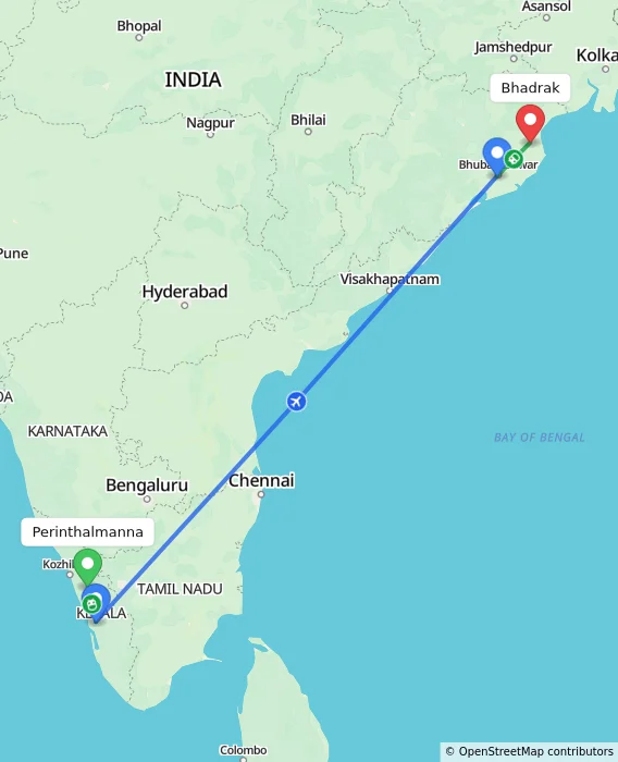 Route map showing distance and travel time from Perinthalmanna, India to Bhadrak, India