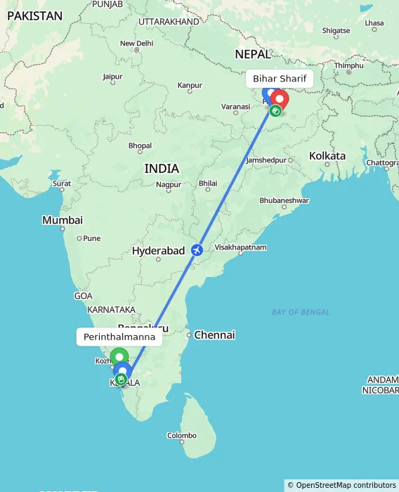 Route map showing distance and travel time from Perinthalmanna, India to Bihar Sharif, India