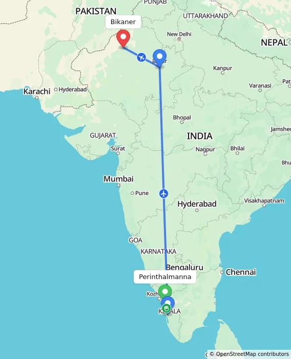 Route map showing distance and travel time from Perinthalmanna, India to Bikaner, India