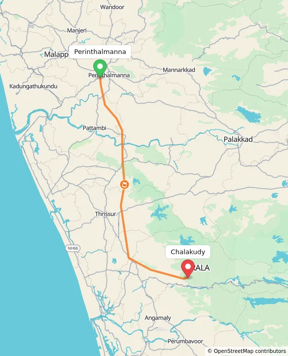 Route map showing distance and travel time from Perinthalmanna, India to Chalakudy, India