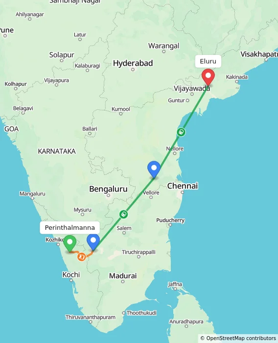 Route map showing distance and travel time from Perinthalmanna, India to Eluru, India