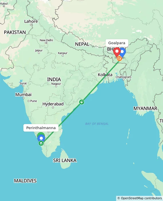 Route map showing distance and travel time from Perinthalmanna, India to Goalpara, India