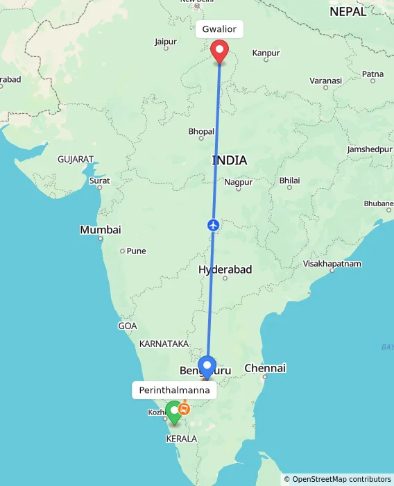 Route map showing distance and travel time from Perinthalmanna, India to Gwalior, India