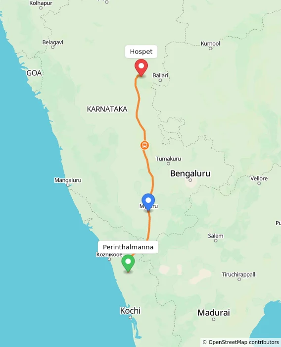 Route map showing distance and travel time from Perinthalmanna, India to Hospet, India