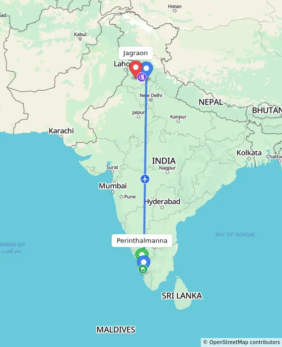 Route map showing distance and travel time from Perinthalmanna, India to Jagraon, India